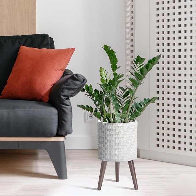D'vine Dev 10 Inch Modern Geometric Tile Patterned Sleek Planter Pot with Stand, Indoor Outdoor Decorative Plant Holder, Matte White, 88-Z-B-1