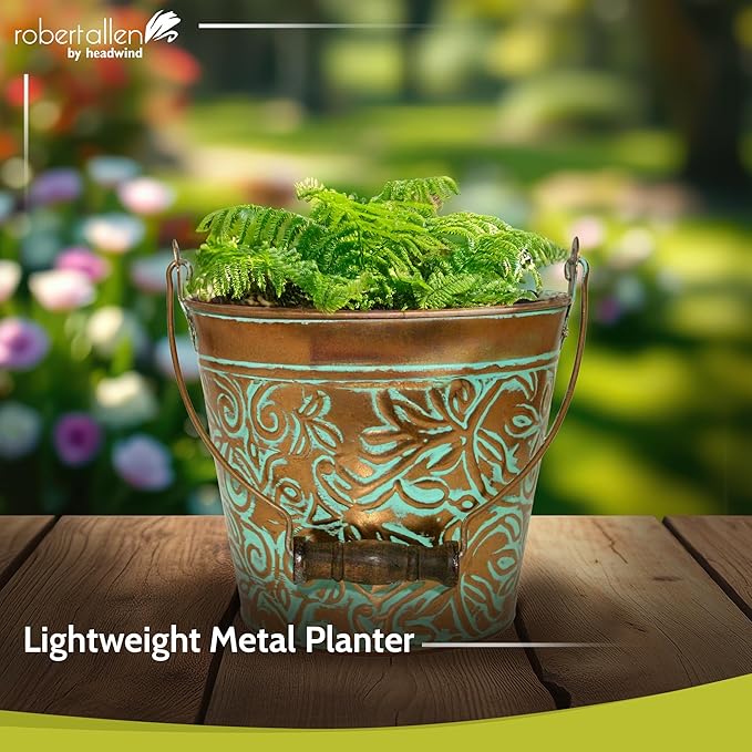 Headwind Vintage Collection - Floral Vintage Copper Planter with Handles – 8 Inch Medium Flower Pots Decorative Plant Indoor – Plant Pots Indoor with Drainage by Robert Allen