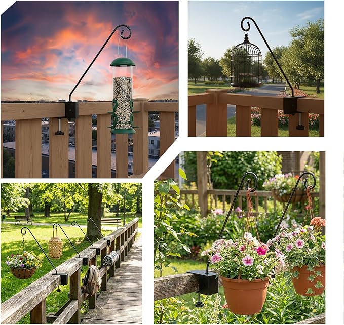 XINWXSS Deck Hook Rail Set of 2, 17 Inch Heavy Duty Deck Hook, 360 Degree Swivel Plant Hanger, Solid Metal Deck Hangers for Hanging Bird Feeders, Wind Chimes, Lanterns and Flower Pots, Black