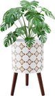 12 Inch Planter Pot with Stand, Planter for Indoor Plants, Modern Large Flower Planter Pot with Drainage Holes for Outdoor, White Gold Floral