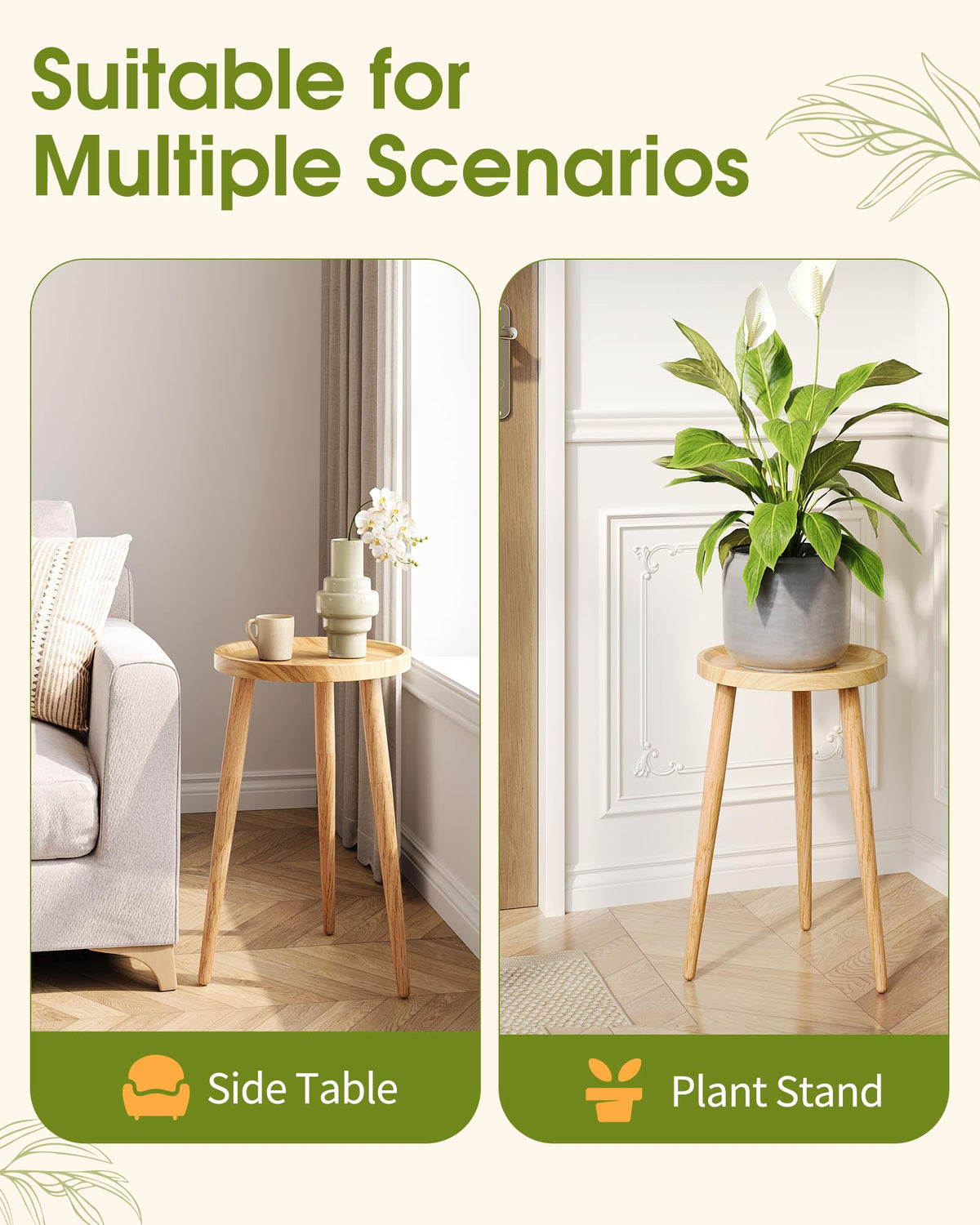 AZADESJET Plant Stand Indoor 2 Pack, Mid Century Wood Indoor Plant Stands, Tall Plant Holder for Flower Pot, Modern Plant Table Round Side End Table With Raised Design, Natural, 11.7"x18.8" & 11.7"x13"