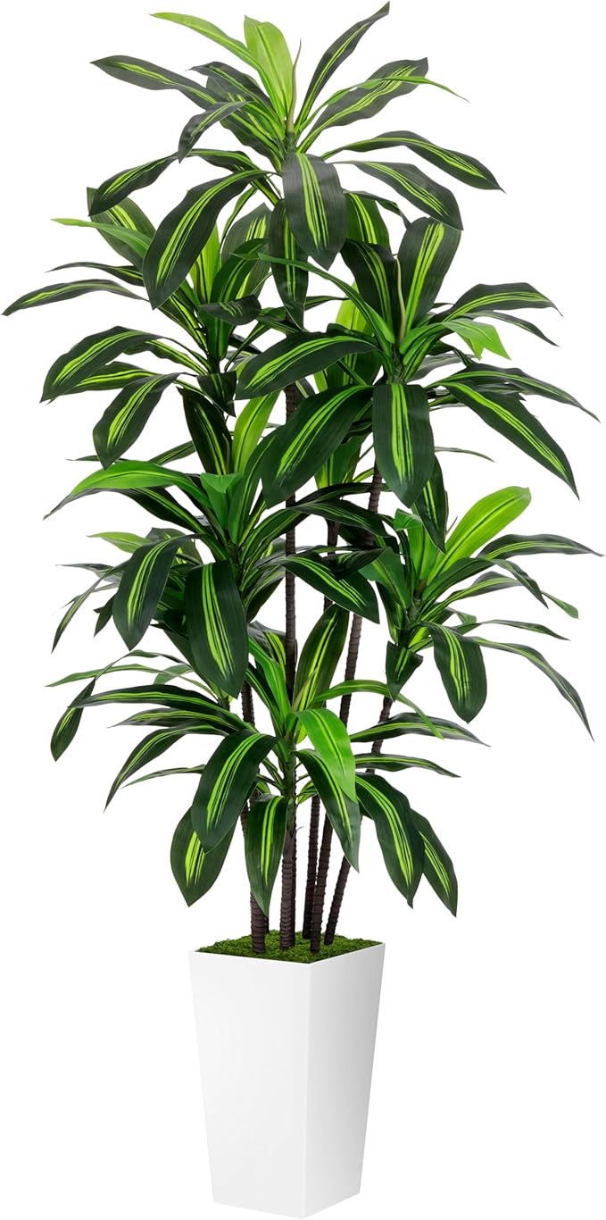 Artificial Dracaena Plant 6FT - Fake Tree with White Tall Planter - Faux Yucca Tall Fake Floor Plant in Pot - Artificial Trees for Home Office Living Room Decor Indoor