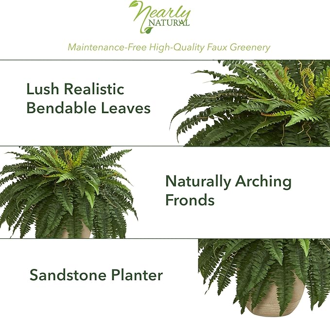 Nearly Natural 22" Boston Fern Artificial Plant In Sandstone Planter, Green