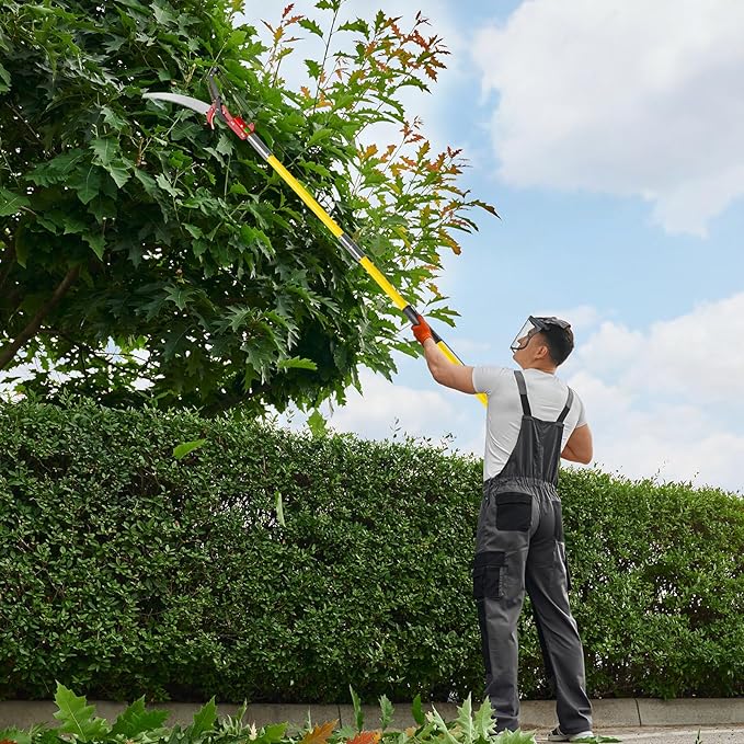 Outvita Manual Pole Saw, 26 Feet Extendable Tree Pruner with Knives and Storage Pocket, Sharp Steel Blade and Scissors High Branches Trimming for Pruning Palms and Shrubs（Yellow）