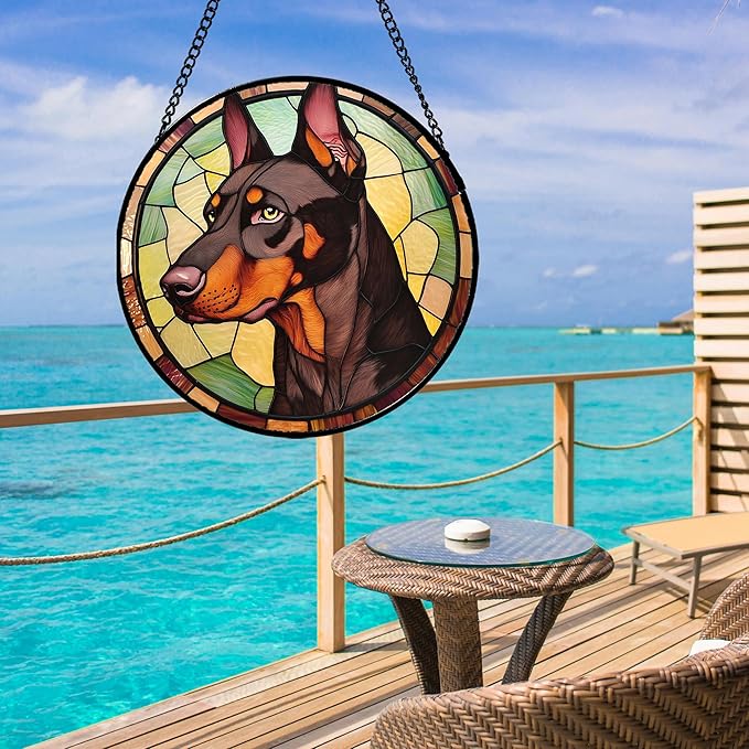 Stained Glass Window Hanging - Funny Dark Brown Doberman Pinscher Suncatcher for Door Terrace Garden Home Decor, Pet Dog Sun Catcher Birthday Gifts for Lovers Women Men Dad Mom Nana 7.8 in