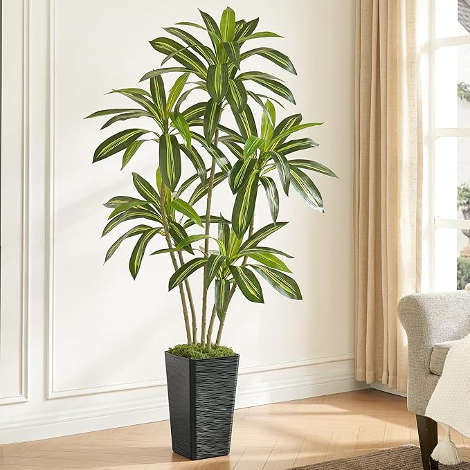 6FT Artificial Dracaena Tree with Black Planter - Real Touch Fake Plant for Home & Office Decor, Faux Yucca Indoor Floor Tree