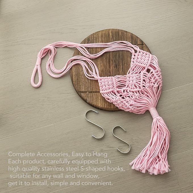Hanging Planter with Patterns,2Packs Macrame Plant Hangers Indoor Macrame for up to 8 inch Pot Crochet Boho Plant Hanger Holder for Indoor Outdoor with 2S Shaped Stainless Steel Hooks (Pearl Pink)