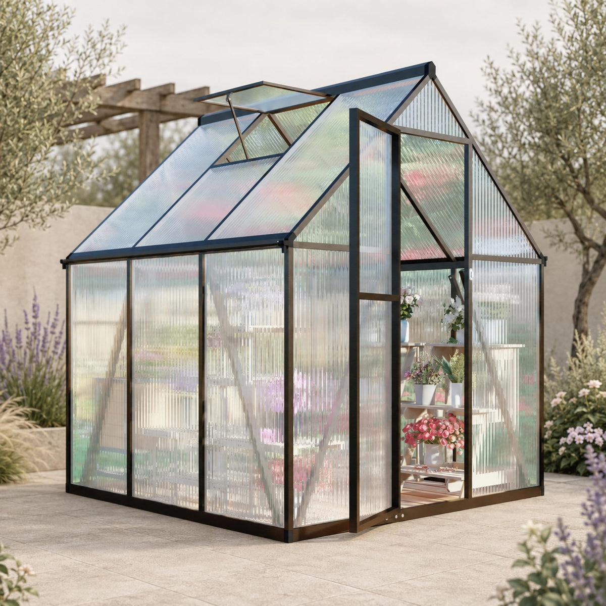 Jiliusure 6x6FT Greenhouse with Polycarbonate Panels Vent, Charcoal Black