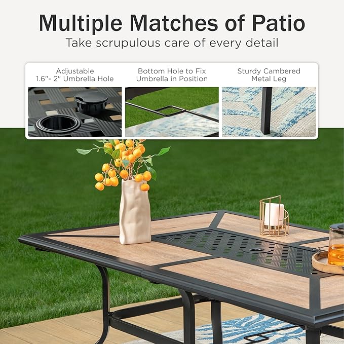 PHI VILLA 7 Piece Patio Dining Set, 6 Swivel Patio Chairs with Textilene Mesh Fabric & Rectangular Wooden-Like Dining Table(1.6" Umbrella Hole), All Weather Patio Chairs and Table Set for Deck (Grey)