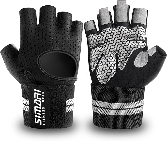 SIMARI Breathable Workout Gloves for Men Women, Padded Weight Lifting Gloves with Wrist Wraps Support, Full Palm Protection, Grip for Gym Training, Fitness, Weightlifting, Exercise Fingerless Black