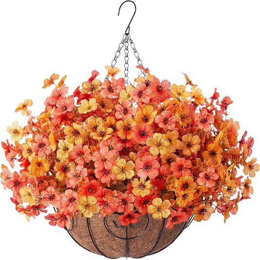 Artificial Flowers with Hanging Basket Planter for Home Decoration, Daisy with Eucalyptus Leaves Outdoor Indoor Garden Yard, Metal Coconut Lining Basket with Faux Plant (Fall-OrangeYellow)