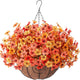 Artificial Flowers with Hanging Basket Planter for Home Decoration, Daisy with Eucalyptus Leaves Outdoor Indoor Garden Yard, Metal Coconut Lining Basket with Faux Plant (Fall-OrangeYellow)