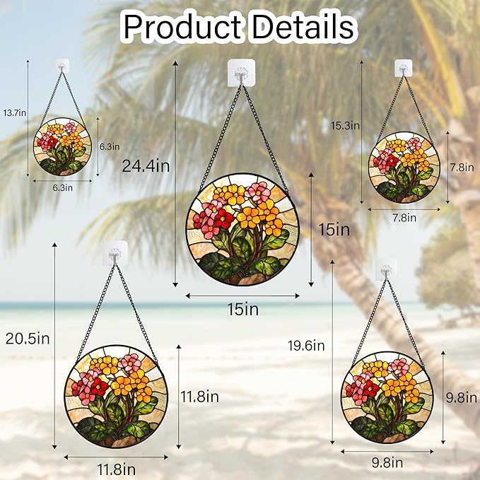 AMDERVEN Stained Glass Window Hanging, Yellow Red Flowers Sun Catcher for Window Door Home Decor Green Plant Suncatcher Christmas Mother's Day Birthday Gifts for Women Men Mom and Nana 11.8 in