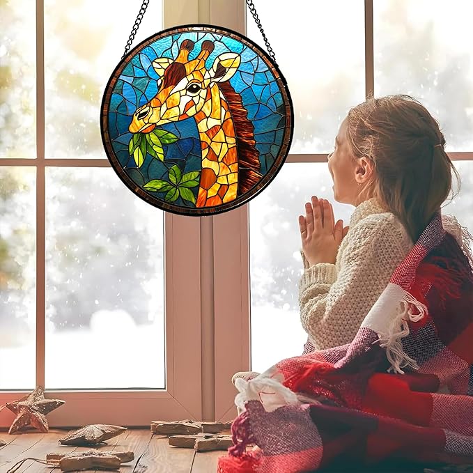 Stained Glass Window Hanging Orange Giraffe Blue Green Leaves 7.8" - Suncatcher Door Garden Sunroom Sun Catcher Home Decor Birthday Christmas for Mom Men Woman Nana
