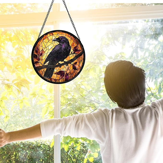 DASTOLL Stained Glass Window Hanging - Crow on a Branch Suncatcher Ready to Hang Window Doors Home Decoration and Christmas, Mother's Day Birthday Gifts for Women, Men, and Mom 11.8x11.8 in