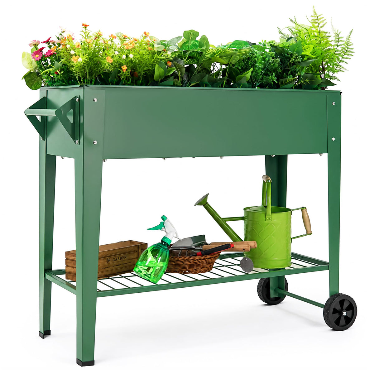 YKTEEDENS Raised Garden Bed with Legs and Wheels, Metal Outdoor, Green