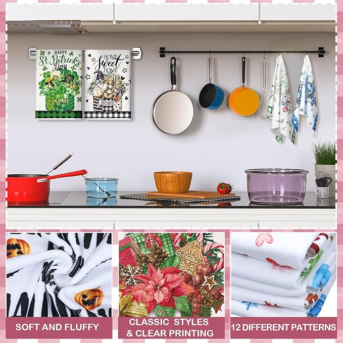 FuWeave 12 Pcs Seasonal Kitchen Towels Set for All Holidays Hand Dish Tea Towels Gift Bulk Valentine's Day Absorbent Dishcloths Housewarming Gift for Cooking Kitchen Bathroom(Flower Style)