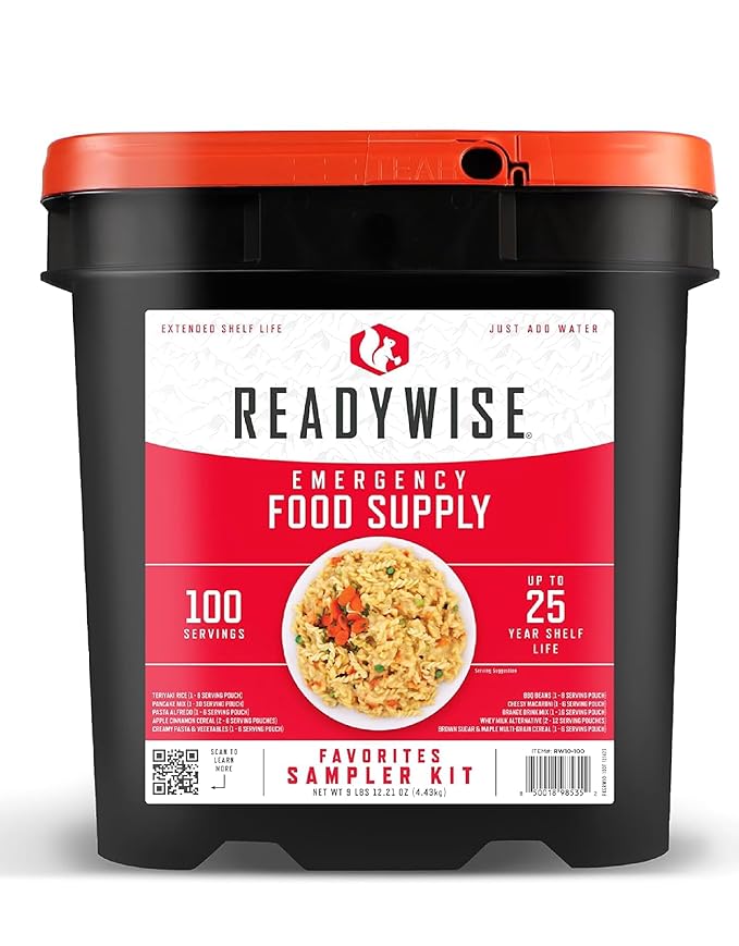 ReadyWise Emergency Food Supply - 100 Servings Favorites Bucket, Protein Meals, Dehydrated & Freeze Dried Survival Food, Backpacking, Camping Essentials & Prepping Supplies, up to 25 Year Shelf Life