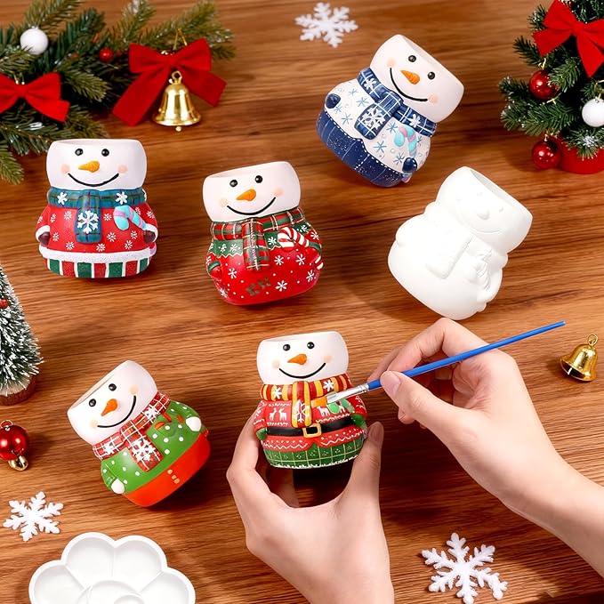 Pasimy 6 Set Ceramics to Paint DIY Ceramic Succulent Planter Pots Paint Your Own Flower Pots Craft Kit Unpainted Bisque Flowerpot with Brush Palette for Family Activity Holiday Gifts(Snowman)