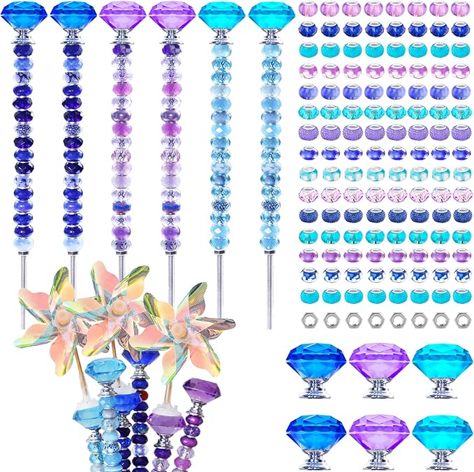 148 PCS Beaded Garden Stakes Kit, DIY Fairy Wand Garden Stake Beads Kits with Assortment Large Hole Beads 6 Crystal Stopper Top Threaded Rods and 3 Colored Small Windmills for Outdoor Indoor Decor