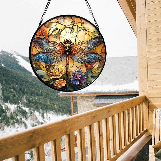 HWRHTR Stained Glass Window Hanging - Orange Blue Dragonfly Flower Suncatcher for Doors Window Home Sun Catchers Decor Christmas Mother's Day Birthday Outdoor Gifts for Women Men Mom Nana 9.8 in