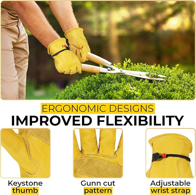 HANDLANDY Men Leather Gardening Gloves, Utility Work Gloves for Mechanics, Construction, Driver