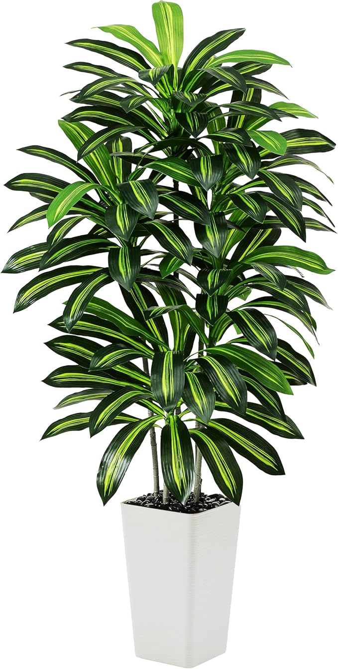 Artificial Dracaena Tree - 5FT Tall Fake Plants with White Tall Planter - Artificial Plants Indoor Floor Plant in Pot - Large Tropical Fake Yucca Potted Tree for Home Office Living Room Decor