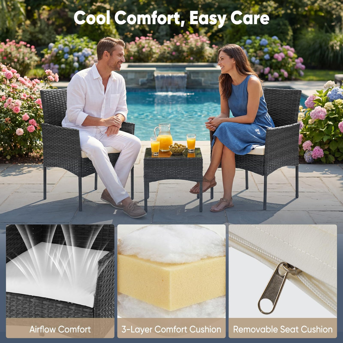 DUMOS 3 Piece Patio Furniture Set, Outdoor Wicker Bistro Set, Black