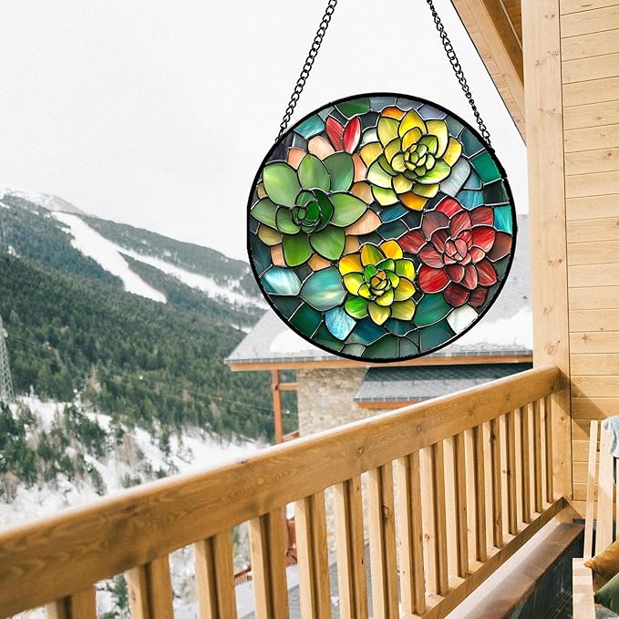HWRHTR Stained Glass Window Hanging - Red Green Succulent Plants Suncatcher for Doors Window Home Sun Catchers Decor Christmas Mother's Day Birthday Gifts for Teacher Women Men Mom Nana 15 in