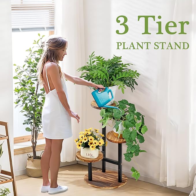 VECELO 3 Tier Plant Stand Indoor Outdoor, Tall Metal Wood Flower Shelf for Multiple Plants, Small Tiered Round Corner Display Rack, Planter Pot Holder for Patio Garden Balcony Living Room Bedroom