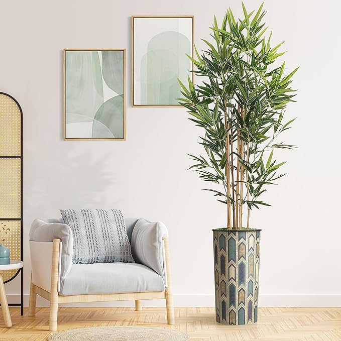 Artificial Tree in Modern Polygon Pattern Effect Planter, Fake Bamboo Silk TRE for Indoor and Outdoor Home Decoration - 70" Overall Tall (Plant Pot Plus Tree)