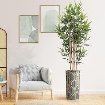 Artificial Tree in Modern Polygon Pattern Effect Planter, Fake Bamboo Silk TRE for Indoor and Outdoor Home Decoration - 70" Overall Tall (Plant Pot Plus Tree)