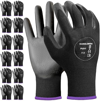 Kebada Safety Work Gloves, 12 Pairs Work Gloves with Grip, PU Coated Grip Gloves for Warehouse, Construction, Gardening and Mechanics, Black, Small