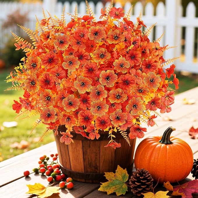 16PCS Artificial Fall Flowers for Outdoors, Realistic Faux Silk Flowers with Eucalyptus & Ferns, Fake Plants for Outside Planter, Patio, Porch, Garden Decor(Mixed)