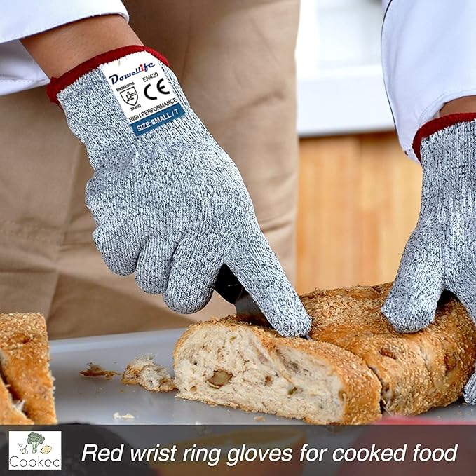 Dowellife Cut Resistant Gloves Food Grade Level 5 Protection, Safety Kitchen Cuts Gloves for Oyster Shucking, Fish Fillet Processing, Mandolin Slicing, Meat Cutting and Wood Carving. (Small-2 Pairs)