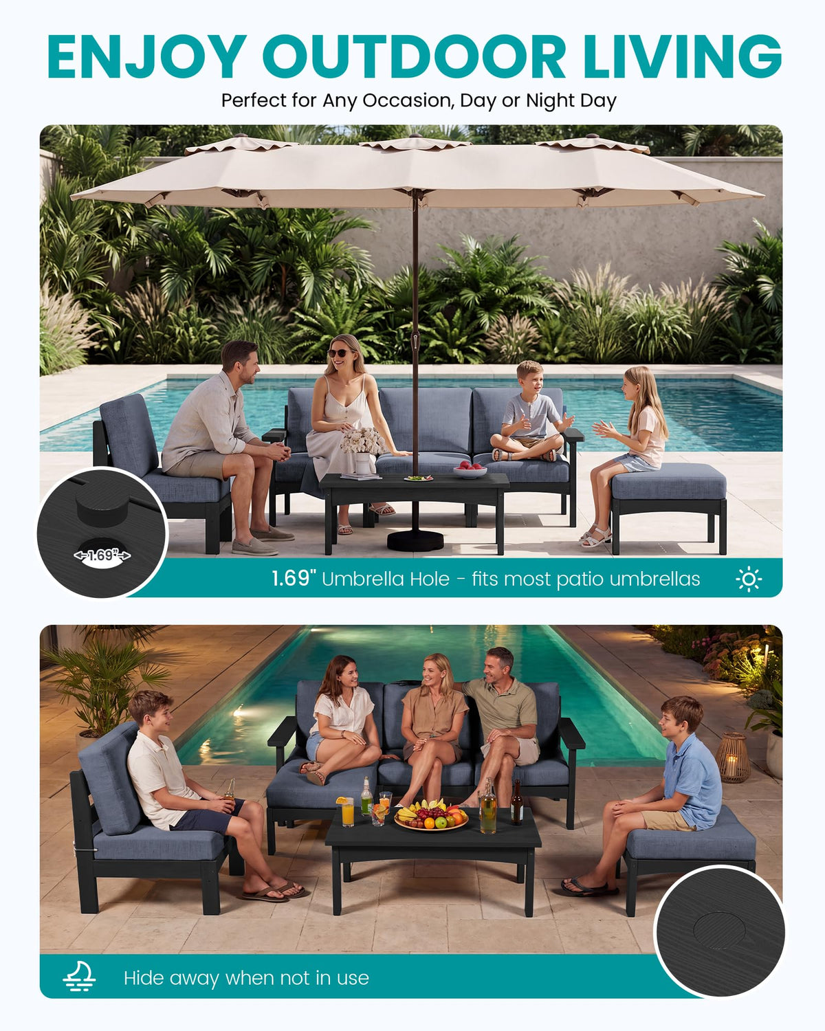 SERWALL 5 Piece HDPE Outdoor Sectional Sofa with Ottoman and Table, Black