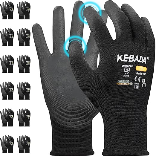 Kebada W1 Work Gloves for Men and Women, PU Coated Safety Gloves with Grip, Touchscreen, Ideal for Warehouse Package Handling, Construction, Gardening, Black Large