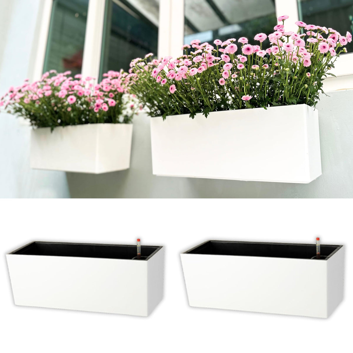 LaLaGreen Wall Planter for Outdoor (2 Pack, 14 Inch) Wall Mounted Self Watering System White Flower Box with Bracket, Window Wall Hanging Rectangular Plant Pot Container Indoor Modern Herb Kitchen