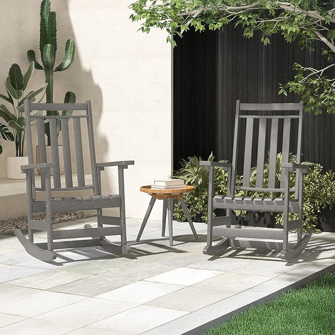Oversized Outdoor Rocking Chairs Set of 2,All Weather Rocker Chair with More Comfortable Seat Panel for Porch Patio Outside(Grey)