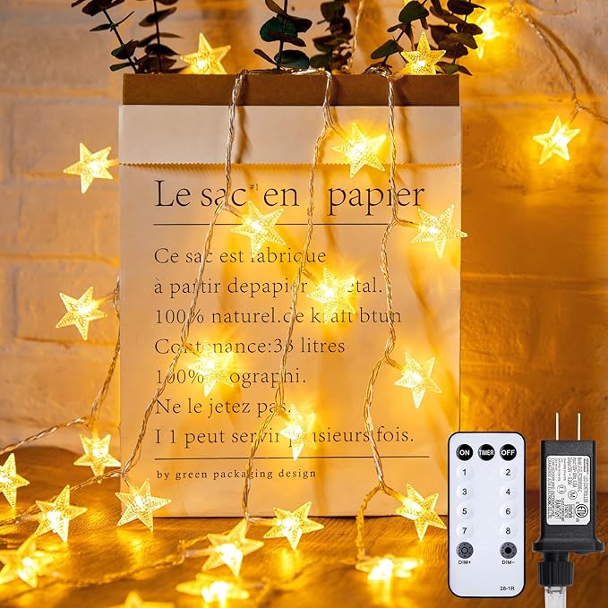 Minetom Star String Lights Plug in - 66 ft 200 LED Star Fairy String Lights with Remote and Timer, 8 Modes Waterproof for Bedroom Tent Loft Bed Window Backyard Patio Porch Balcony Party, Warm White
