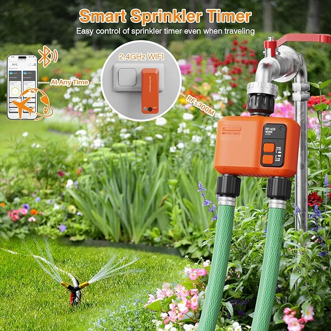 WiFi Water Timer for Garden Hose with 984 ft Range,Smart 2- Zone Sprinkler Timer, APP & Remote Control, Voice Control,Rain Delay, Manual Mode Sprinkler System, Lawn Sprinklers for Yard Large Area