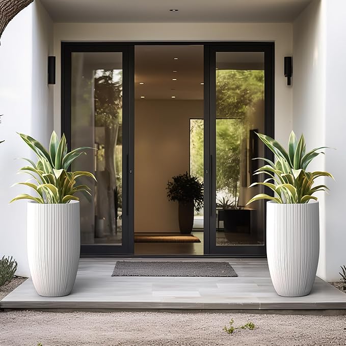 Kante 24 Inch Tall Round Concrete Planter, Large Indoor Outdoor Plant Pots with Drainage Hole and Rubber Plug, Modern Decorative Garden Pots for Home Patio Porch, Textured White