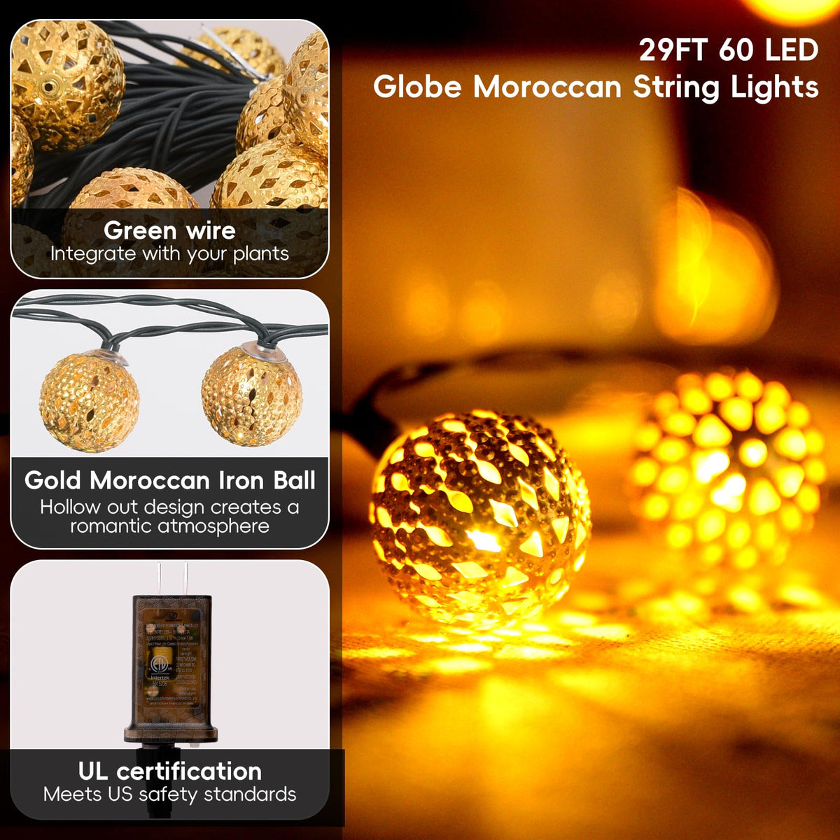 Moroccan String Lights Plug-in 60 LED 29ft Indoor Outdoor Waterproof 8 Modes Diwali Lights with Timer & Remote Control, Decorative Globe for Bedroom Christmas, Warm White