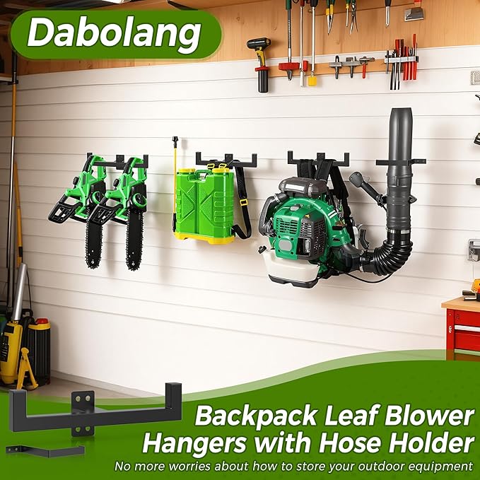 Backpack Leaf Blower Hanger with Hose Holder,Heary Duty Backpack Blower Sprayer Rack,Backpack Blower Wall Mount,Backpack Hanger for Weed Eater,Hedge Trimmer,Chain Saw,Garage Organizer Storage(1 PCS)