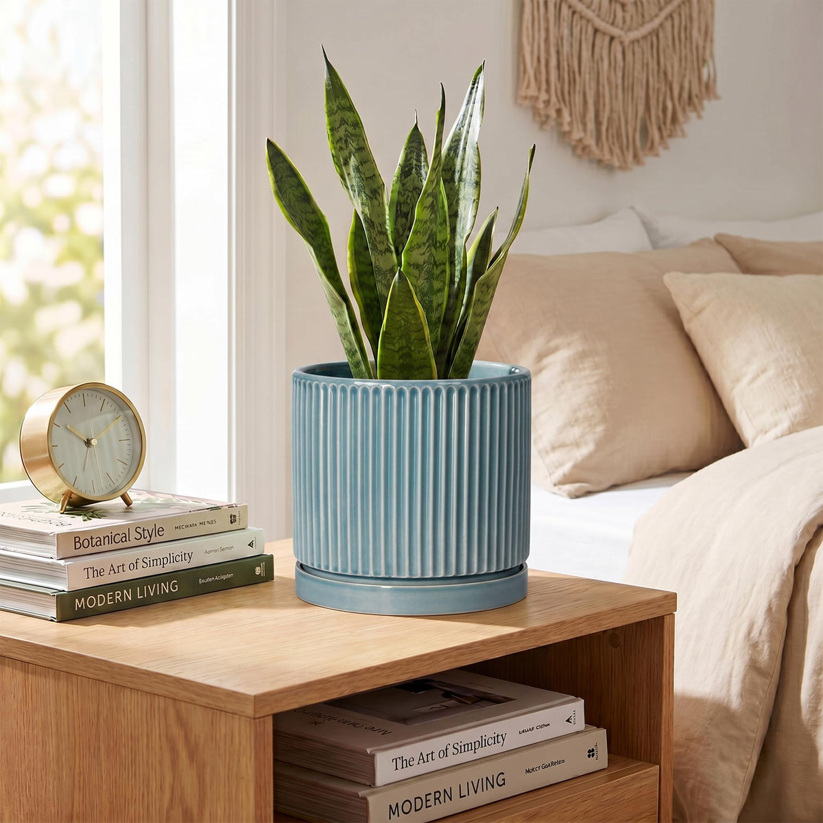 Wliror 6 Inch Flower Pots, Ceramic Pots for Plants with Tray, Glaze Blue