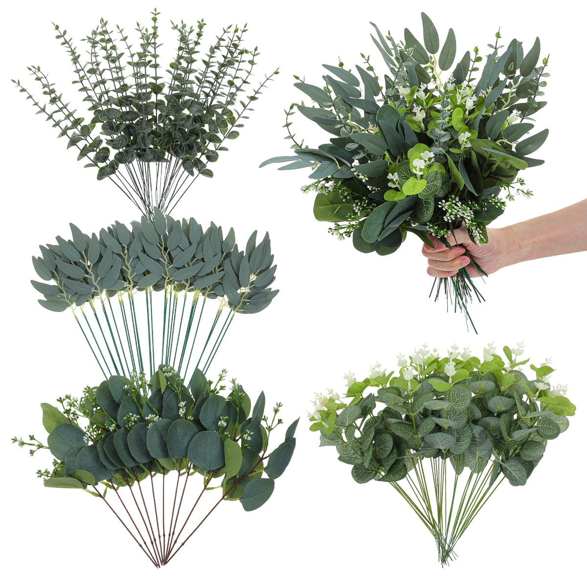 100 Pcs Mixed Eucalyptus Stems Bulk, 4 Style Artificial Silver Dollar Eucalyptus Leaves for Wedding Centerpieces, Faux Greenery Branches for Wedding Centerpiece Vase Bouquet Floral Home Decor