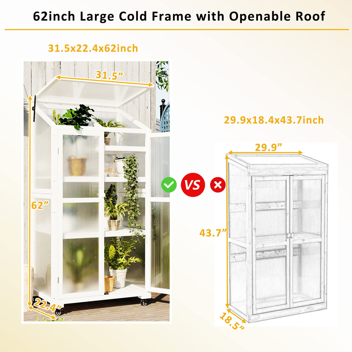 Harper & Bright Designs 62 inch Height Wood Large Greenhouse Balcony Portable Cold Frame with Wheels and Adjustable Shelves for Outdoor Indoor Use, White