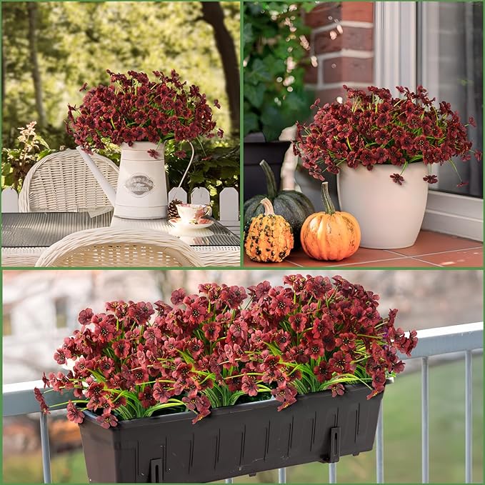 Artificial Fake Plants Flowers for Outdoor Outside Fall Decoration,24 Bundles Faux Silk Daisy in Planter UV Resistant Look Real for Home Front Door Porch Patio Garden Balcony Autumn Decor(Brown)