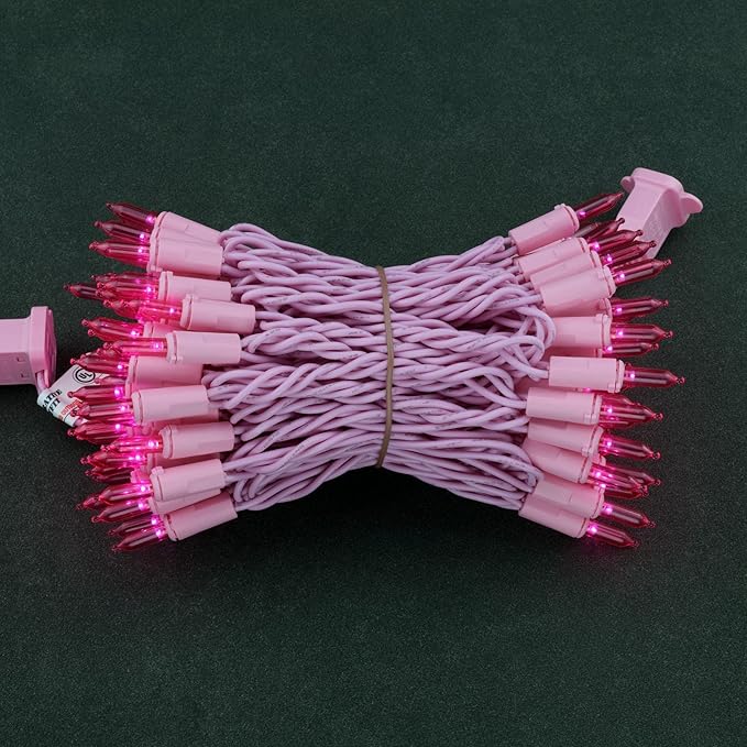 YULETIME Pink LED Christmas Lights with Pink Wire, 33 ft 100 Count UL Certified Commercial Grade Holiday String Light Set