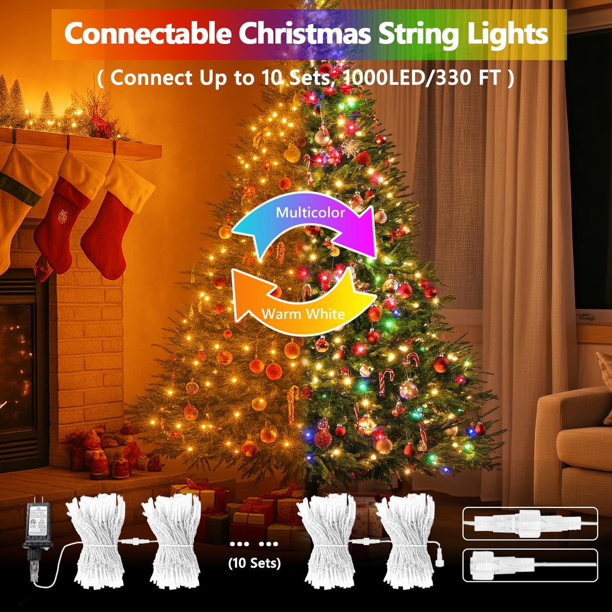 100 LED Connectable String Lights with Remote, Warm White to Multicolor